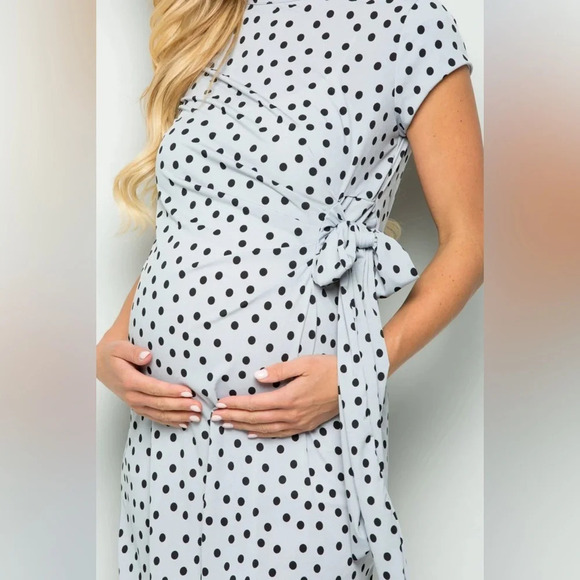 🌻 My Bump Cassie Polka Dot Bow Tie Midi Dress size Small Blue Black Maternity - Picture 9 of 9